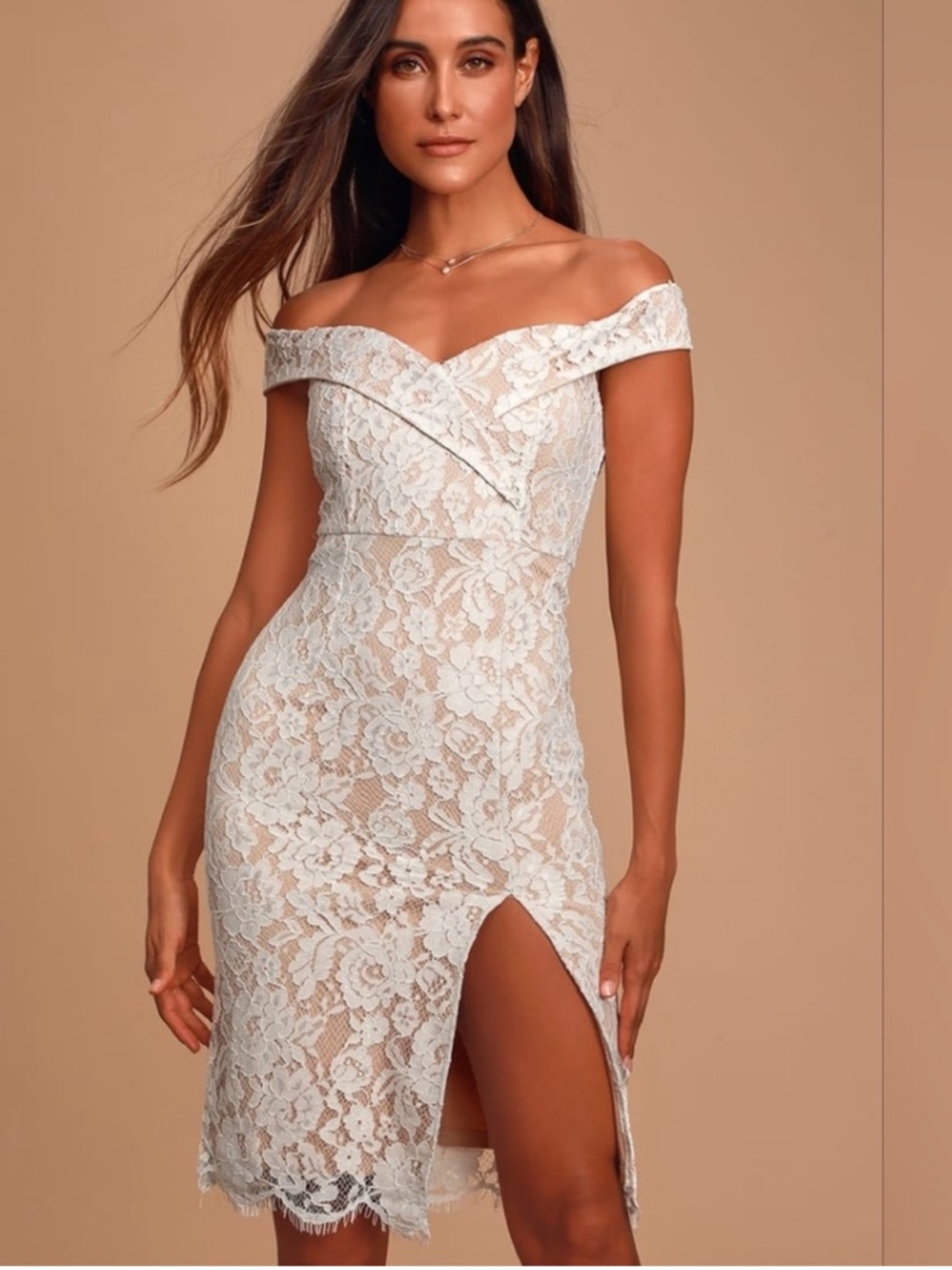 Lulu's Beige and white Lace-Trim Off-Shoulder Dress S